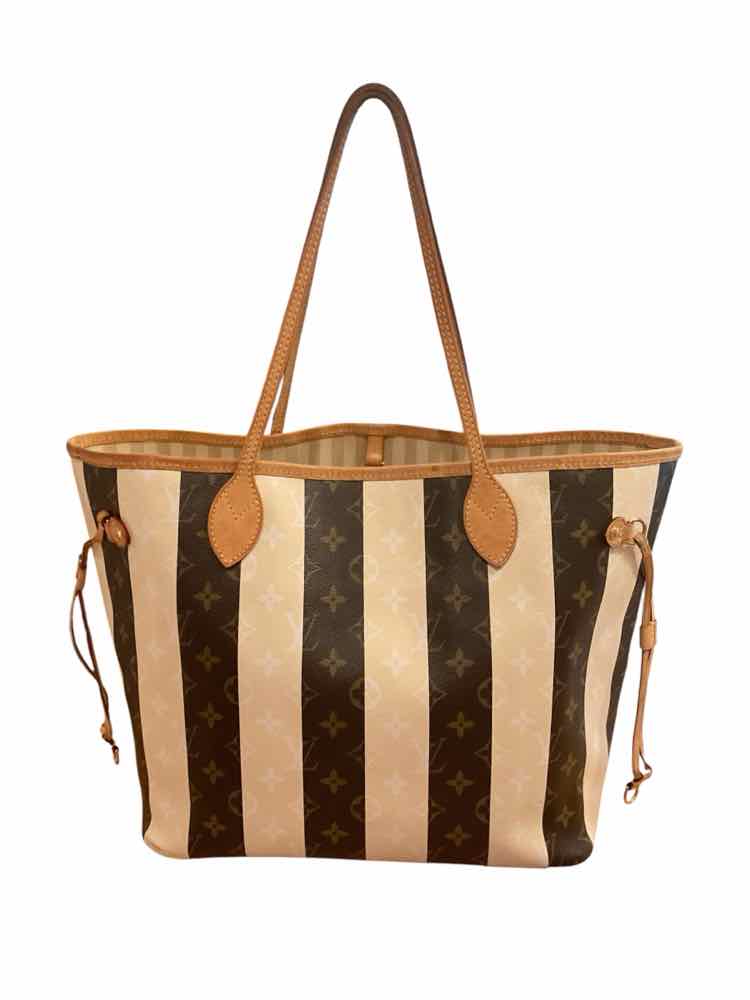 LOUIS VUITTON Size MM cream/brown Rayures Neverfull Purse